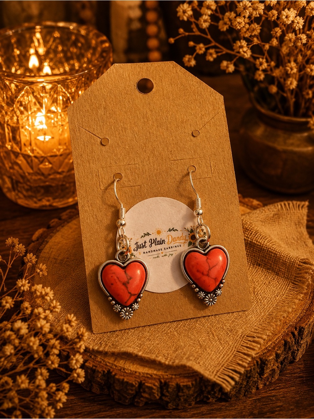 Coral Red Heart Western Boho Dangle Earrings Silver Floral